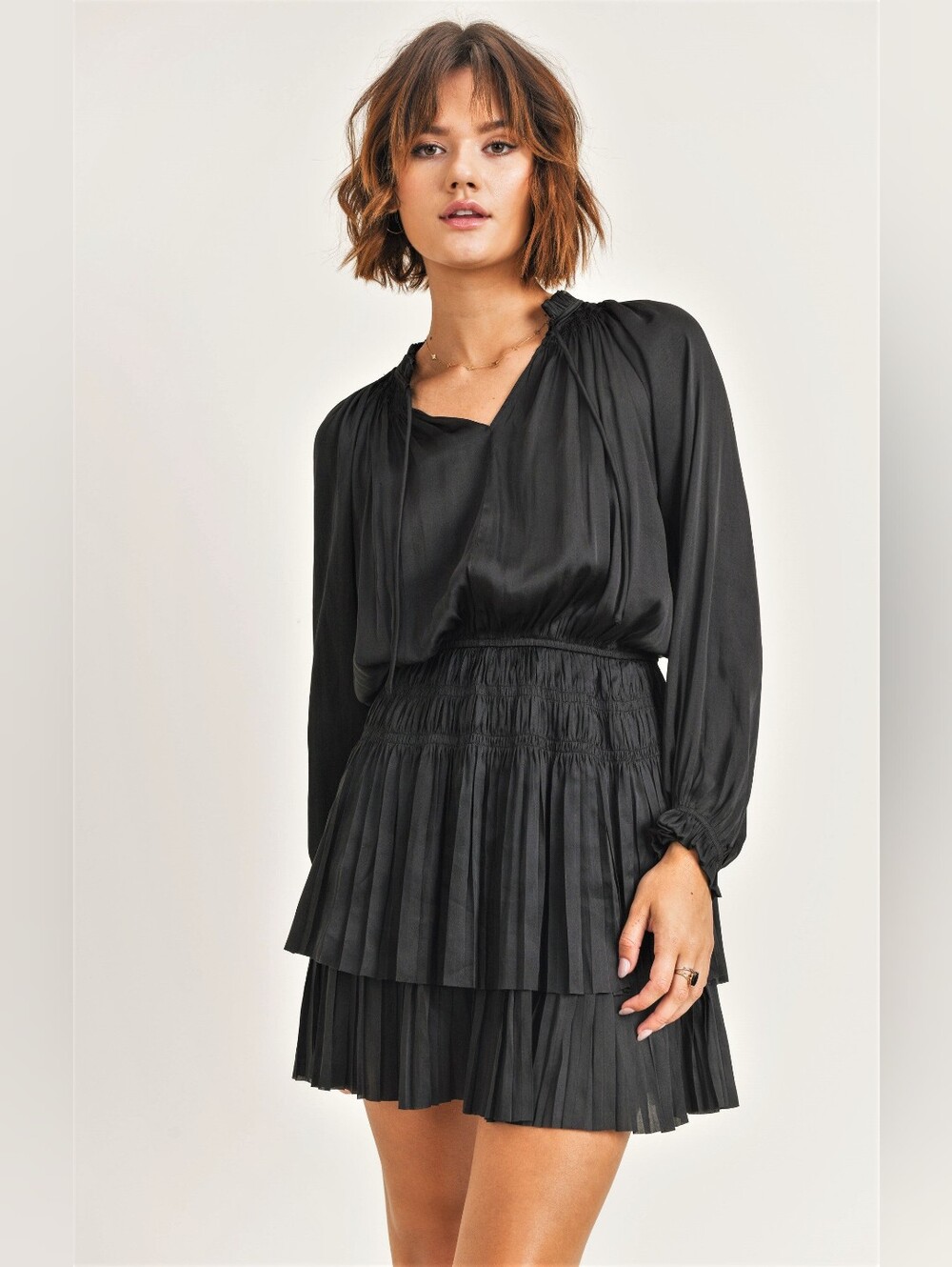 Reset By Jane Lana Dress, Size Small Pleated Tiered Black Mini